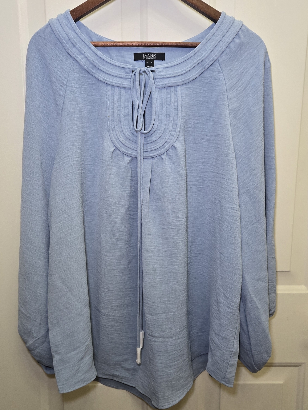 Dennis Basso Textured Woven Tunic with Tie at Neck Long Sleeve Mystic Blue Sz XL